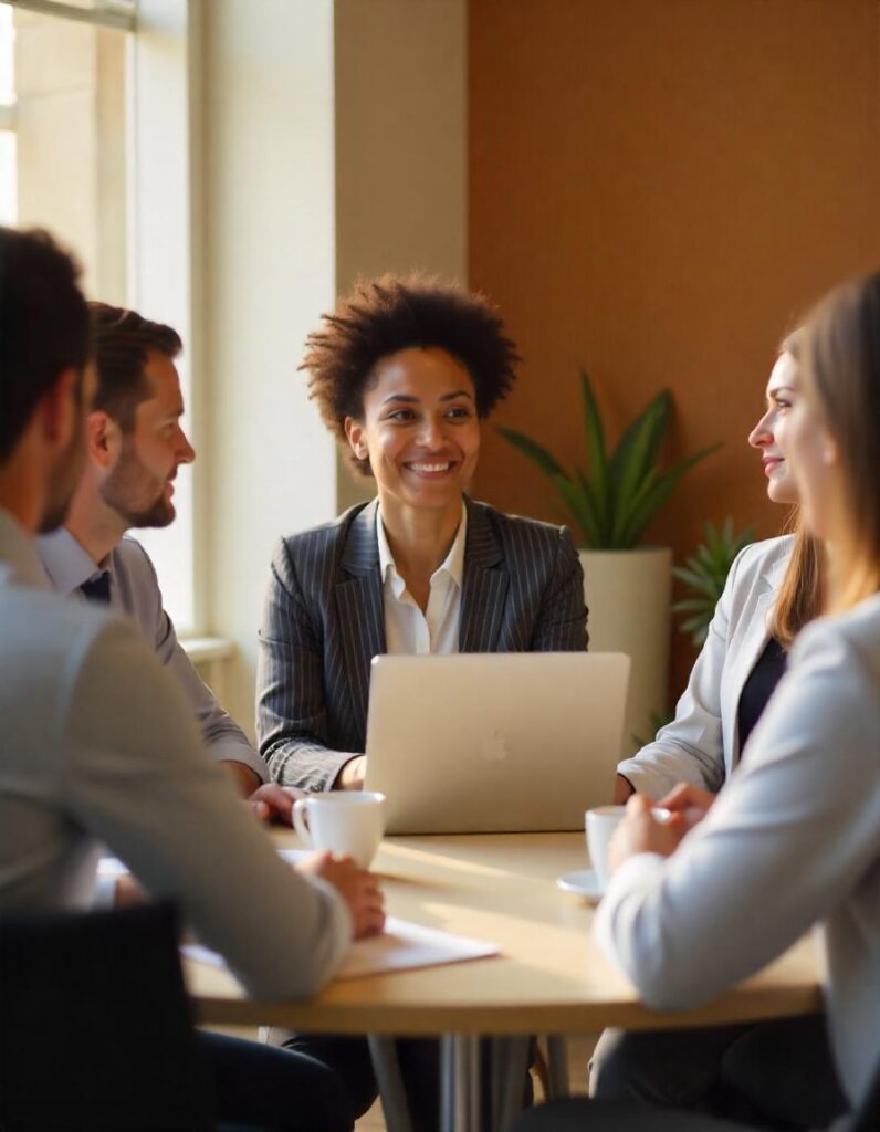 Diverse business team collaborating in a warm, modern office setting during a merger and acquisition strategy meeting—focused on clear communication and internal messaging, supported by 1903 PR.