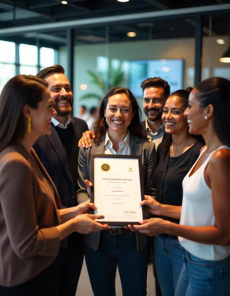 Diverse business team celebrating an industry award in a modern office, highlighting third-party recognition, team success, and brand credibility.