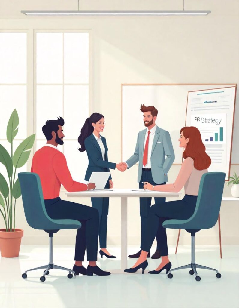 Business professionals meet with a PR agency team in a modern office, collaborating on strategy with documents and laptops, representing B2B partnership.