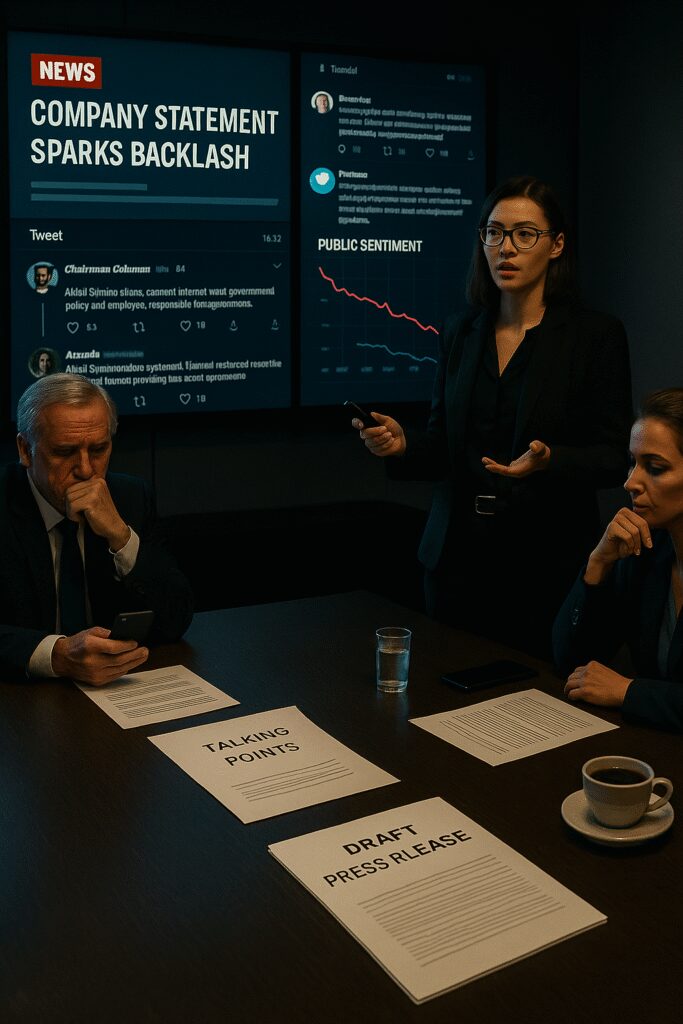 A 1903 PR exec briefs leaders in a tense boardroom as screens show backlash headlines and social media fallout.