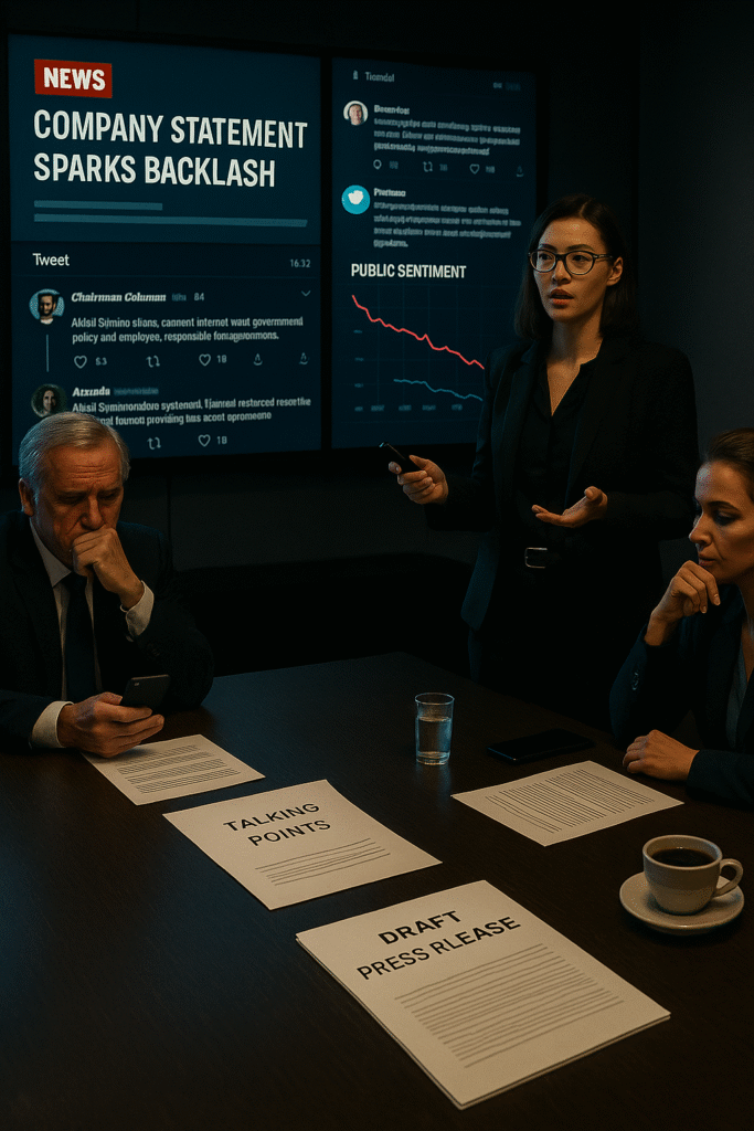A 1903 PR exec briefs leaders in a tense boardroom as screens show backlash headlines and social media fallout.