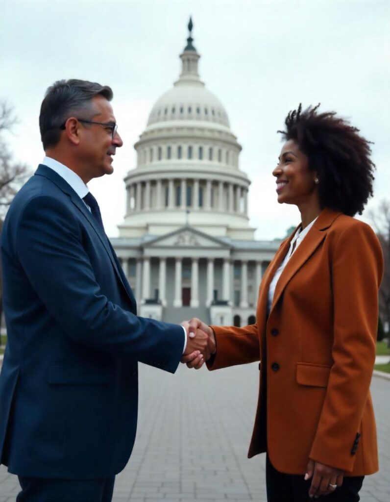 Business leader meeting with government official, representing 1903 PR’s strategic government relations and advocacy services for organizations.