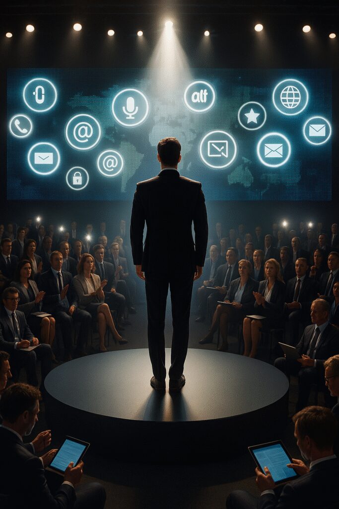 Business leader standing on stage under a spotlight, addressing a professional audience, with digital communication icons displayed on a large screen behind him—symbolizing media outreach, technology, and public relations strategy