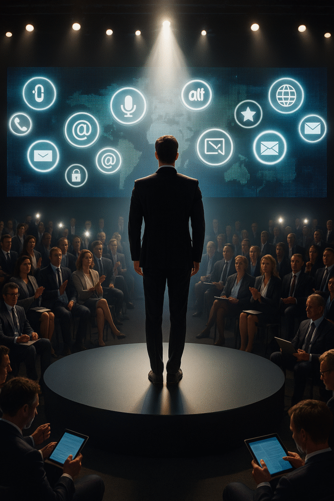 Business leader standing on stage under a spotlight, addressing a professional audience, with digital communication icons displayed on a large screen behind him—symbolizing media outreach, technology, and public relations strategy
