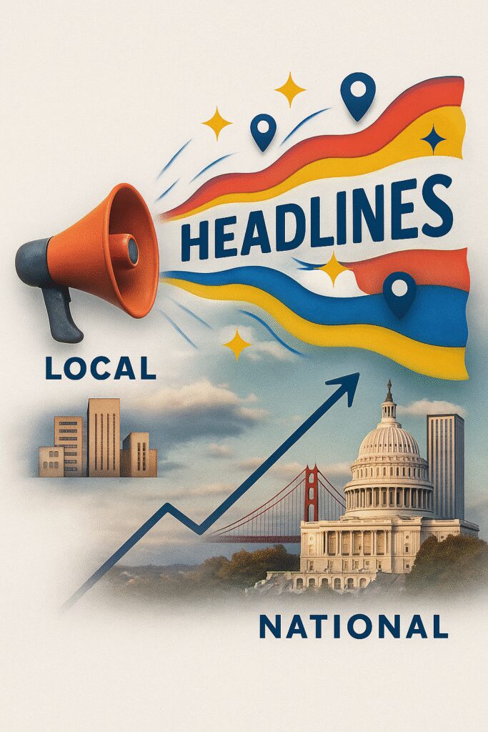Illustration of a megaphone sending waves from a small city labeled “Local” to a larger skyline labeled “National,” symbolizing the growth of media coverage. Bright, modern design with dynamic arrows and headline icons representing PR strategy