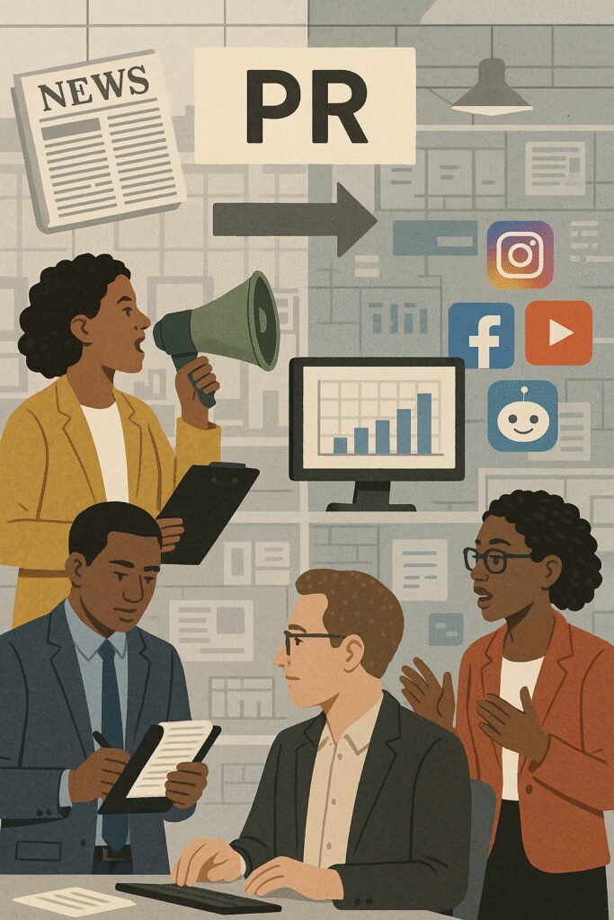 a modern PR team using advanced digital tools and holographic data to track 2025 public relations trends in a high-tech office setting