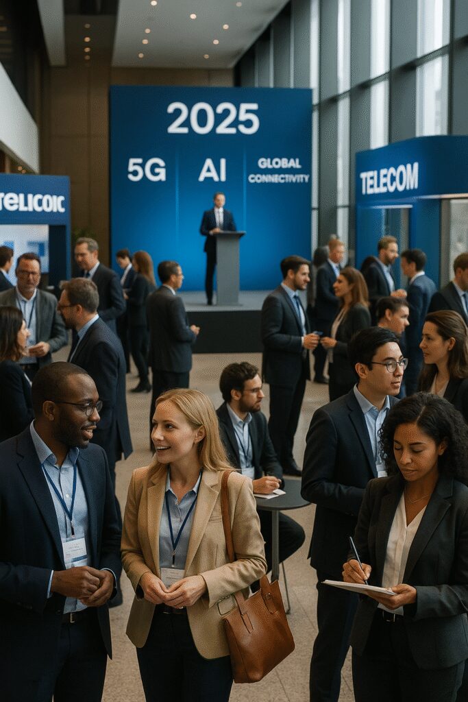 Attendees networking and engaging at a 2025 telecom conference with digital displays showcasing 5G, AI, and global connectivity themes.