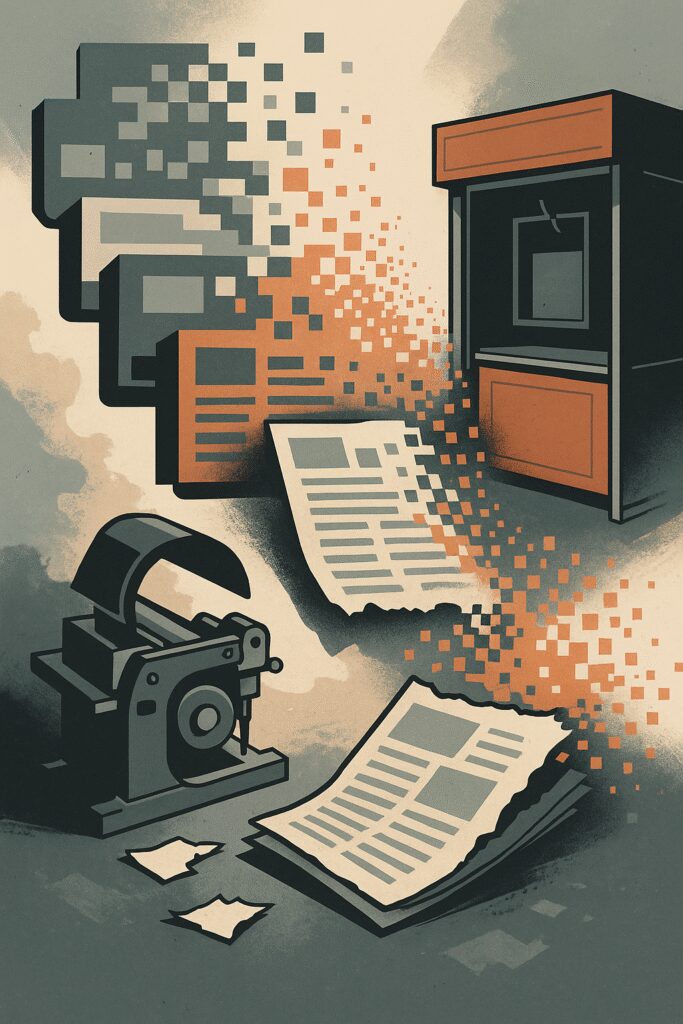 Illustration of traditional media logos dissolving into digital pixels, symbolizing recent publication closures and the shift in the media industry.
