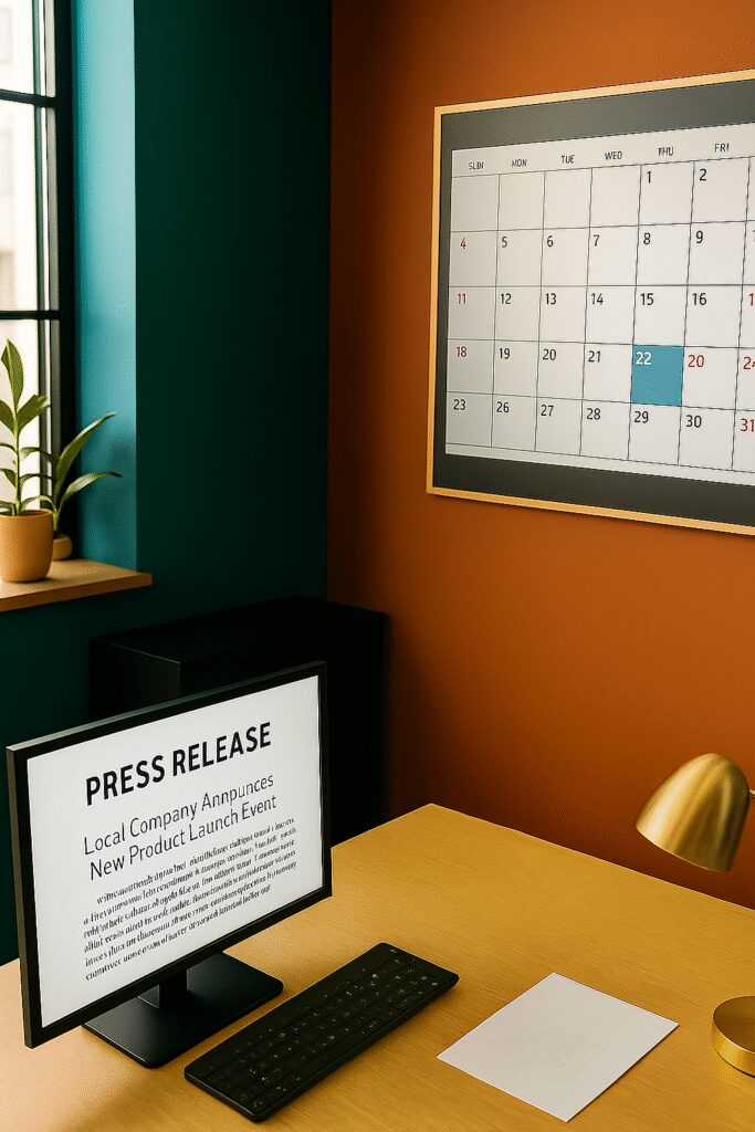 Diverse team in a modern office collaborating around a press release draft and a marked calendar, symbolizing strategic planning and press release timing