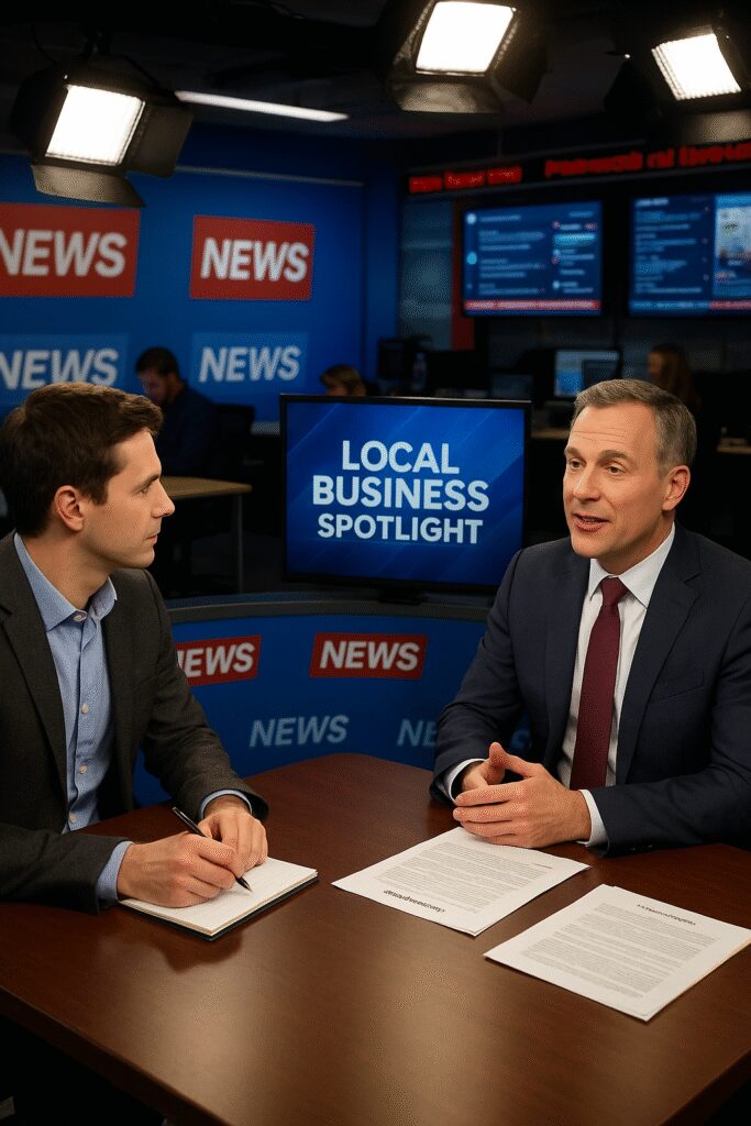 Business executive being interviewed in a professional local newsroom, highlighting the strategic value of local media coverage