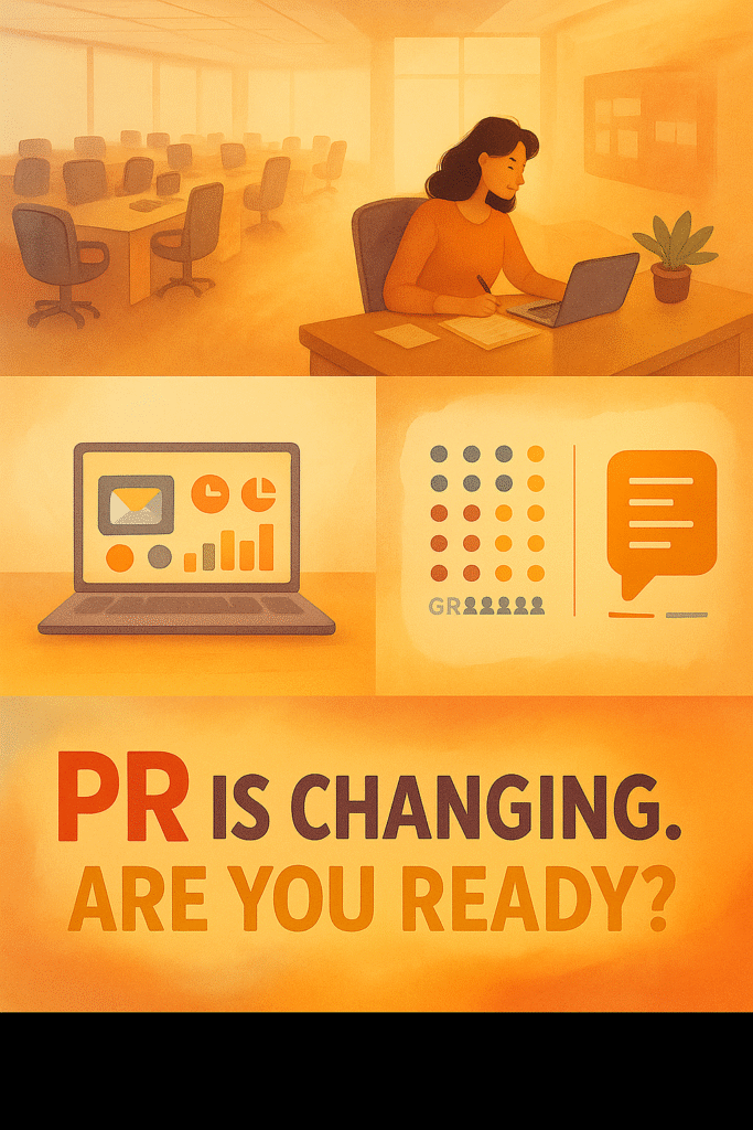 A shrinking newsroom transforming into a modern PR workspace, highlighting the evolving relationship between media and public relations.