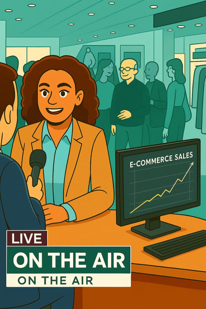 Business professional being interviewed on national TV with connected scene of retail shoppers and rising e-commerce sales, symbolizing PR-driven growth.