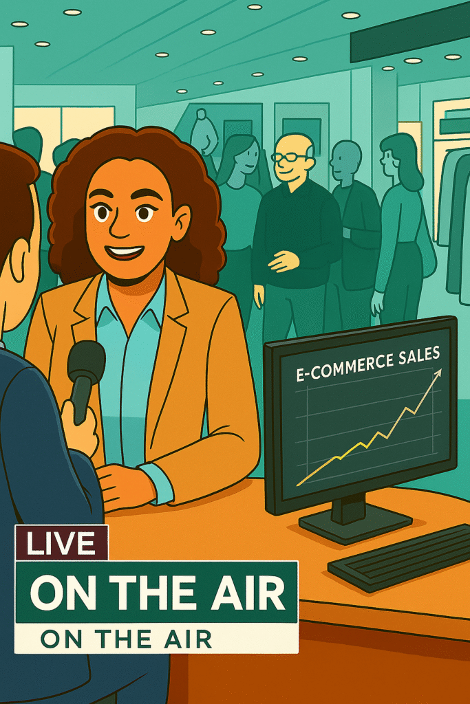 Business professional being interviewed on national TV with connected scene of retail shoppers and rising e-commerce sales, symbolizing PR-driven growth.