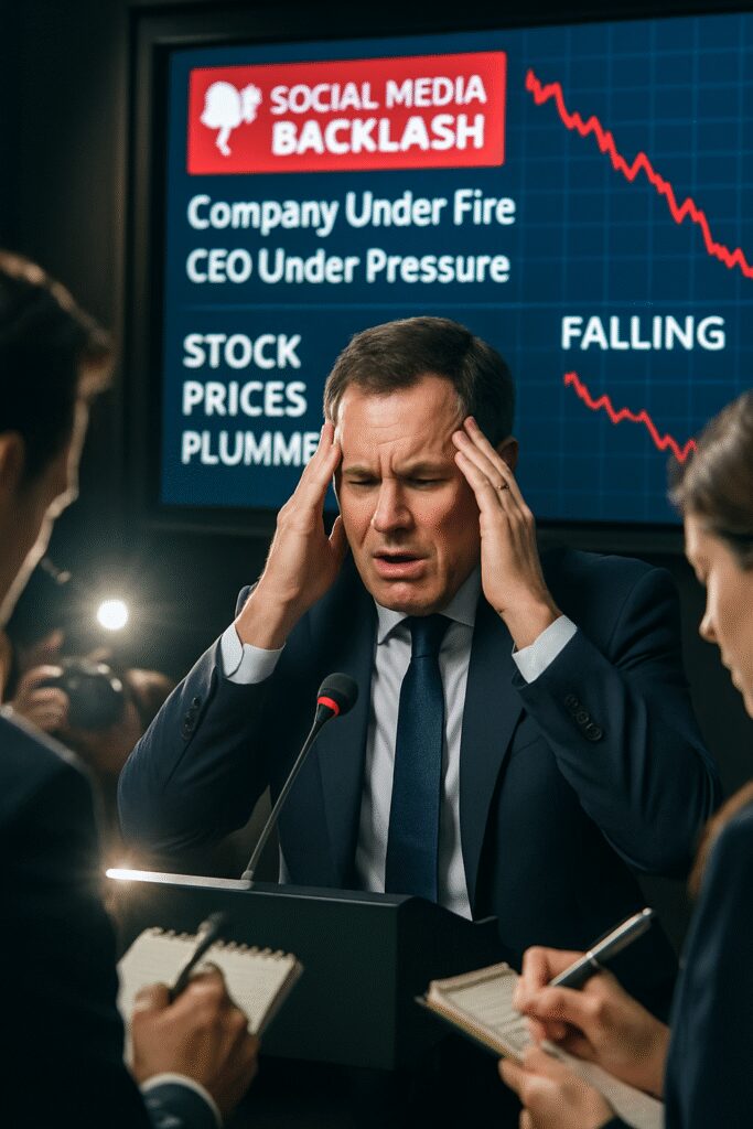 CEO speaking at press conference under media scrutiny, with signs of public backlash and falling brand reputation in the background.