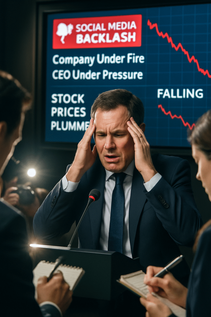 CEO speaking at press conference under media scrutiny, with signs of public backlash and falling brand reputation in the background.