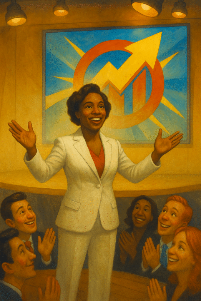 Confident business professional presenting on stage with bold brand visuals, engaging an enthusiastic audience in a B2B PR setting.