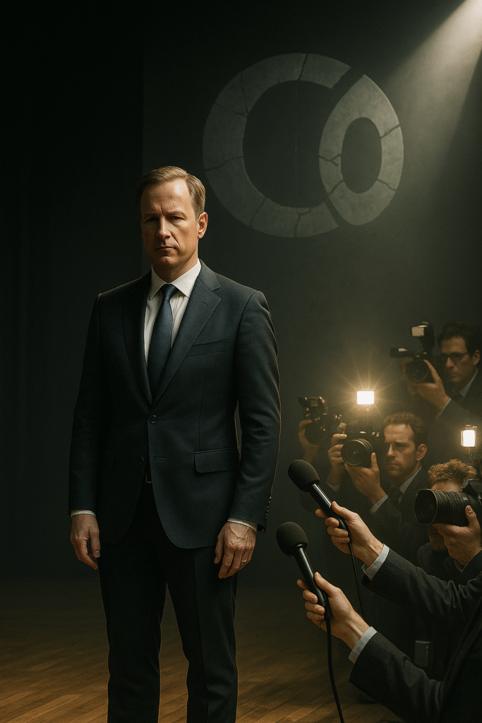 CEO under spotlight with one side in shadow and reporters with cameras on the other, fractured corporate logo behind symbolizing brand damage from private choices.