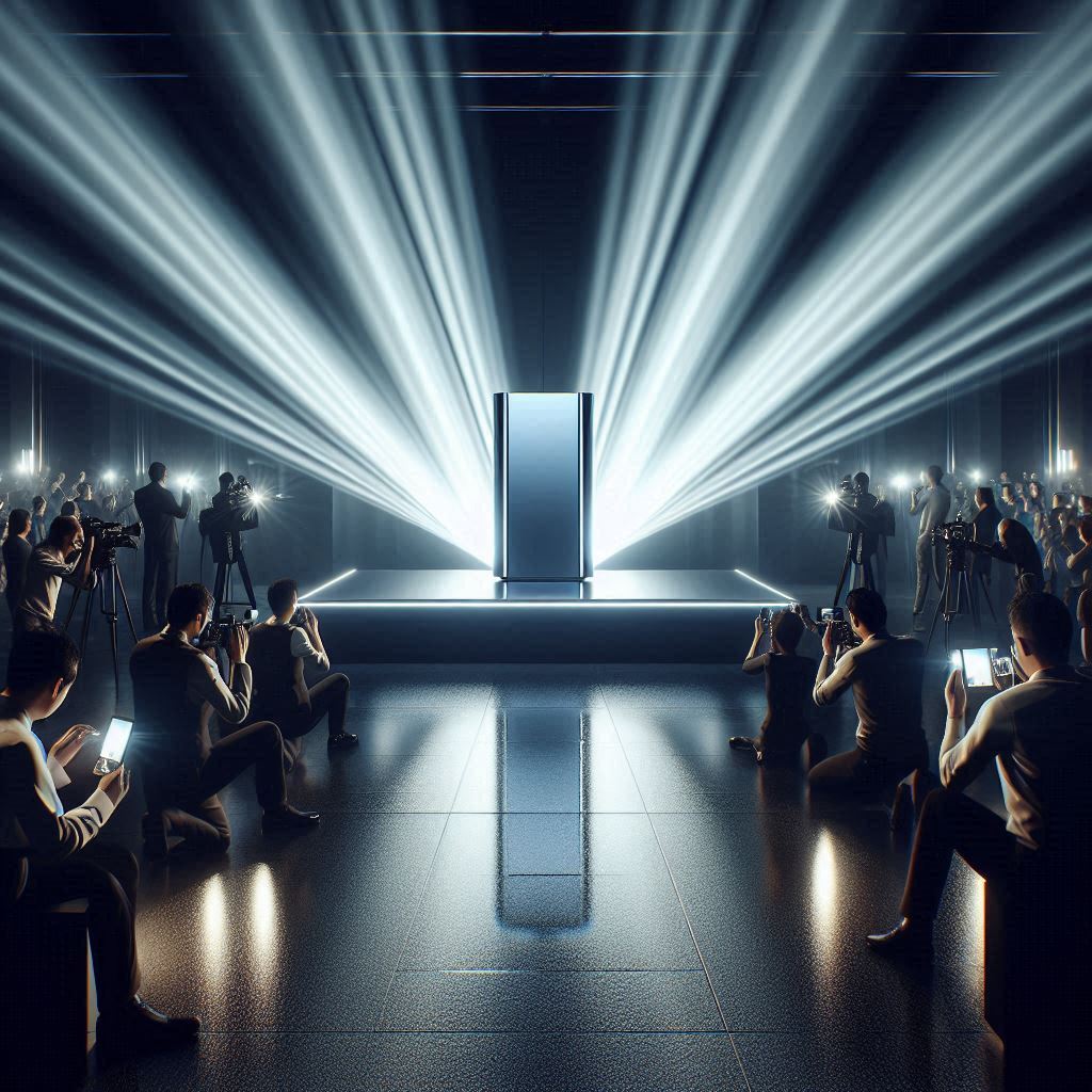 Futuristic product launch event with dramatic lighting, journalists, and photographers capturing the unveiling on stage.