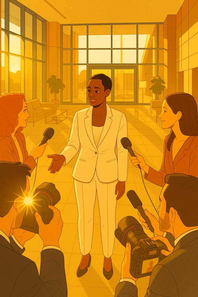 Confident businessperson in a navy suit being interviewed by journalists in a modern office lobby with glass walls and natural sunlight, demonstrating successful media engagement and effective communication.