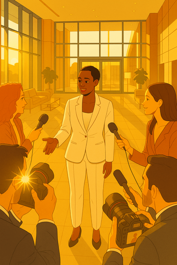 Confident businessperson in a navy suit being interviewed by journalists in a modern office lobby with glass walls and natural sunlight, demonstrating successful media engagement and effective communication.