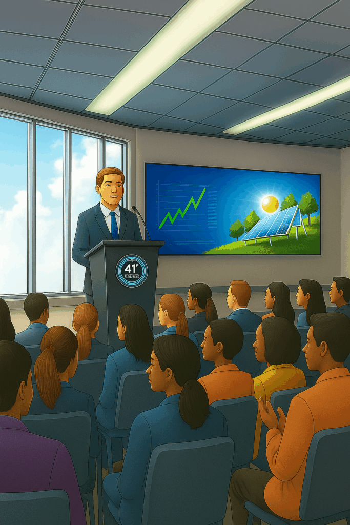 Climate tech executive leading a crisis communications press briefing in a sustainable office, with animated climate data screens, journalists, and solar panels in view | 1903 PR