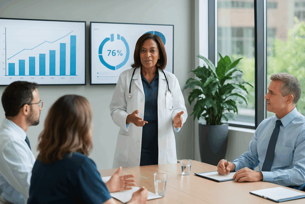 A healthcare executive in a white coat leads a public relations strategy meeting in a bright, modern hospital conference room, with digital screens displaying data and colleagues attentively listening | 1903 PR