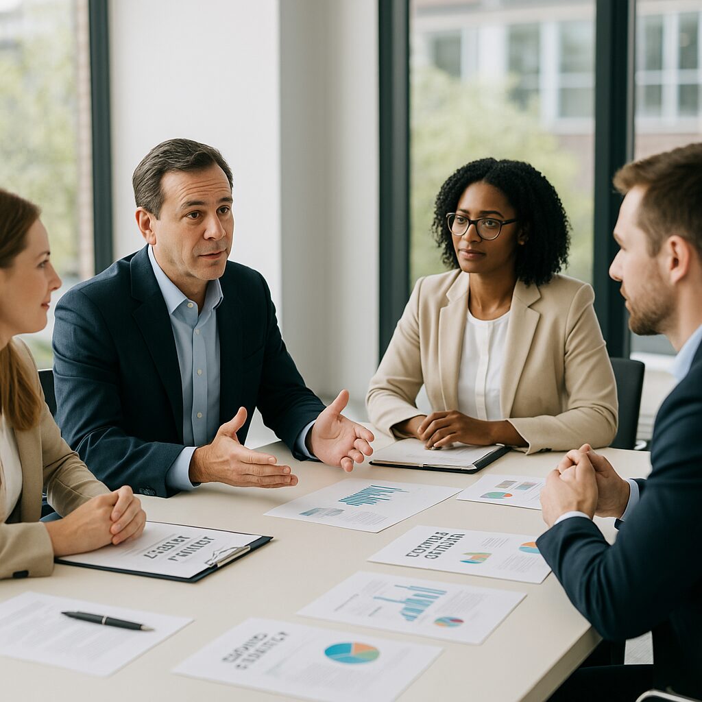 A group of executives and PR professionals collaborate in a bright, modern office, seated around a table with campaign plans and strategy documents, reflecting trust, transparency, and effective communication | 1903 PR