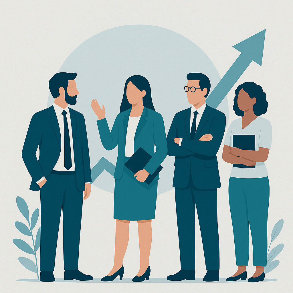 A modern flat-style illustration of four business professionals—two men and two women—collaborating in front of an upward arrow symbolizing growth. They are dressed in teal and navy attire, reflecting teamwork, strategy, and PR-driven business success | 1903 PR.