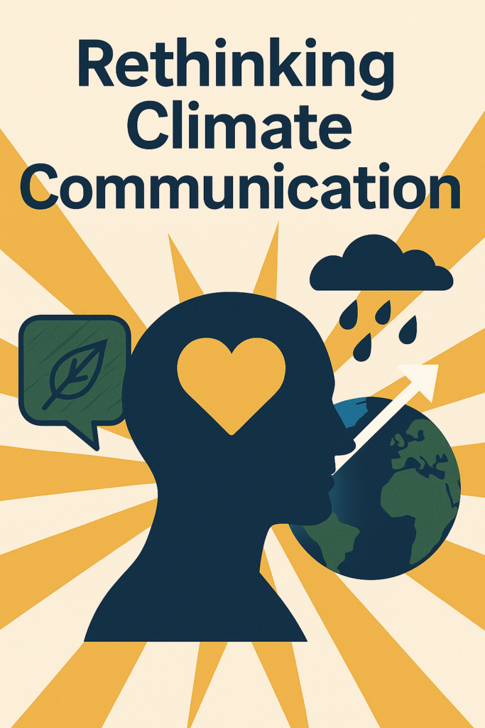 Dynamic digital illustration titled ‘Rethinking Climate Communication’ featuring a navy-blue silhouette with a golden heart, Earth globe, rain cloud, and green leaf speech bubble. Designed in 1903 PR’s brand colors to symbolize empathy, connection, and the fusion of emotion and sustainability.