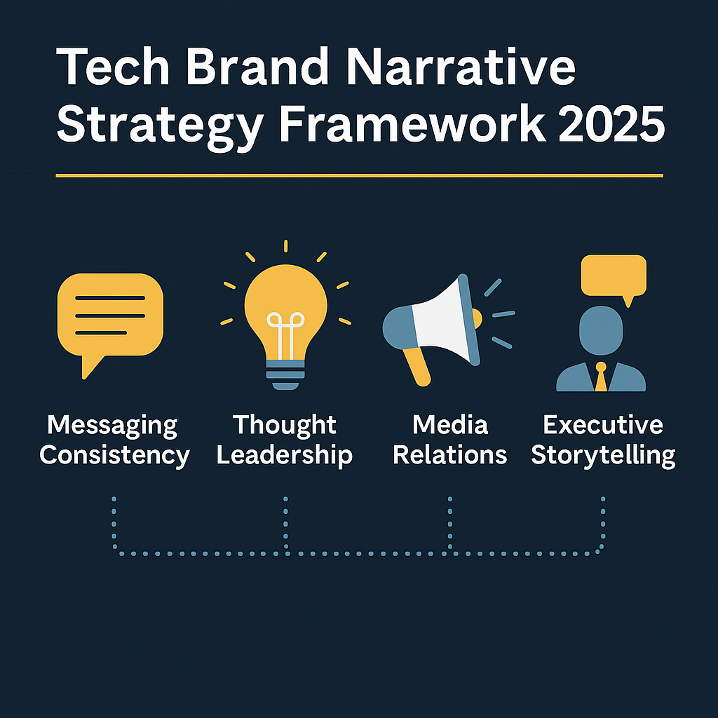 nfographic titled ‘Tech Brand Narrative Strategy Framework 2025’ on a dark navy background, featuring four pillars with icons: messaging consistency (speech bubble), thought leadership (lightbulb), media relations (megaphone), and executive storytelling (person with speech bubble), connected by dotted lines in a clean layout.