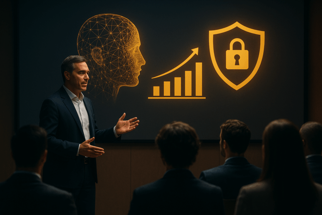 Executive on stage delivering a keynote on AI & cybersecurity thought leadership, flanked by data visualizations and lines charting narrative themes