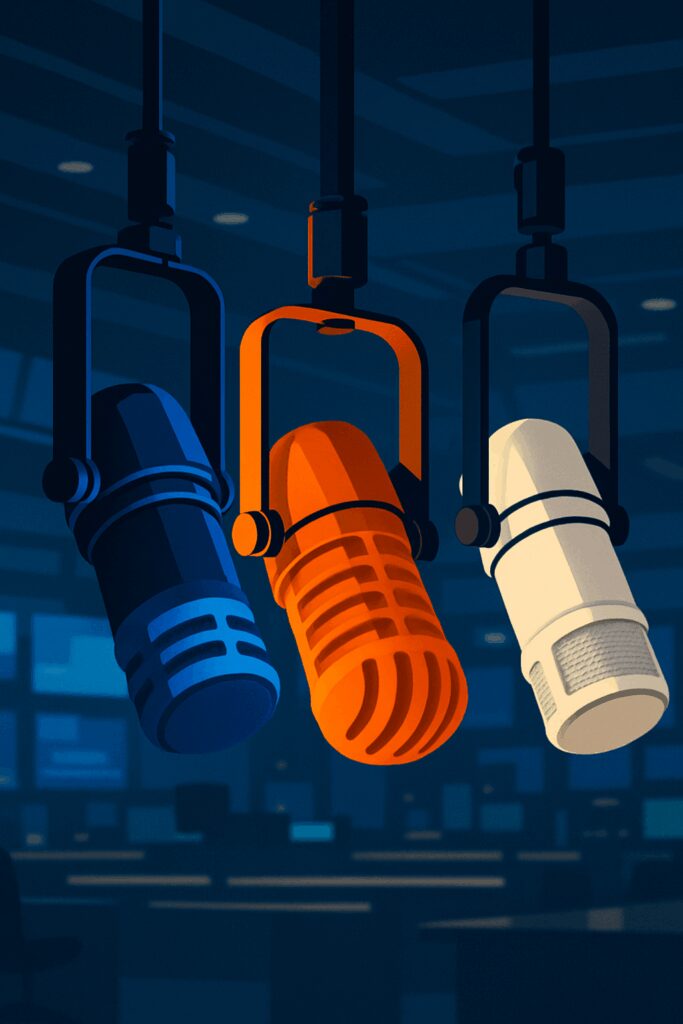 A stylized illustration of three brightly colored professional microphones in blue, orange, and white placed in front of a modern newsroom background, symbolizing strategic media relations and high-credibility messaging.