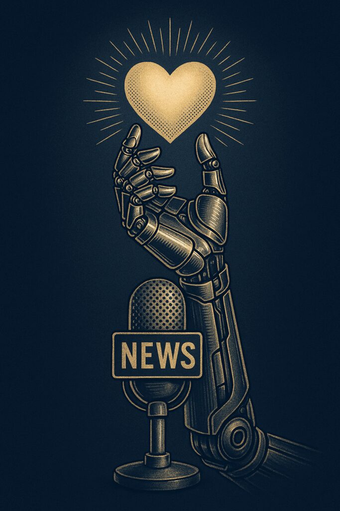 Illustration of a robotic hand holding a glowing heart while a microphone points toward it, symbolizing AI blended with human values and media transparency
