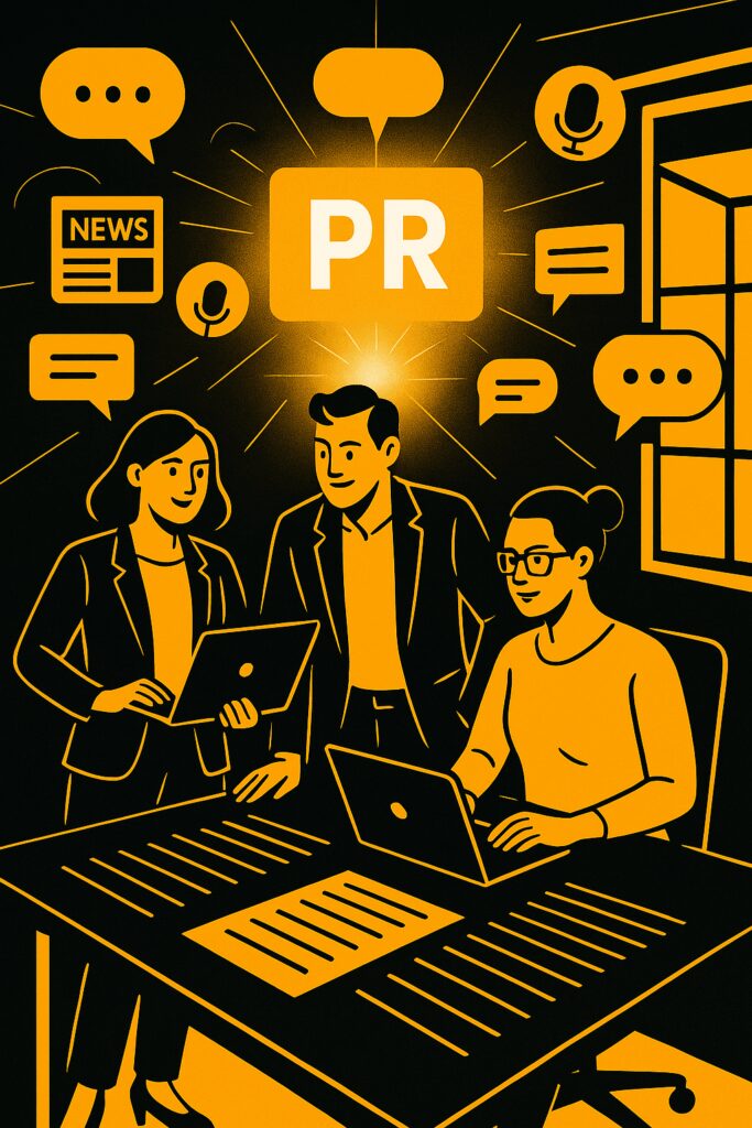 A bold, flat-style digital illustration showing three PR professionals collaborating at a modern desk, surrounded by glowing speech bubbles, microphones, and news icons that symbolize communication and media relations. The central “PR” symbol radiates light, representing clarity, message discipline, and brand alignment. The color palette features black and California poppy gold, reflecting 1903 PR’s modern, strategic brand aesthetic.