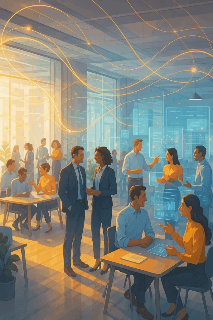 Modern collaborative office with professionals communicating across teams, highlighted by golden data flow lines symbolizing connected internal communications and digital collaboration. Represents how strong internal communication drives alignment, innovation, and brand growth — concept art in 1903 PR’s signature gold and blue tones.
