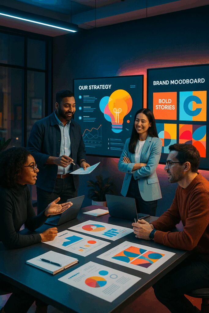 Professionals collaborating in a bright, modern B2B workspace surrounded by data visuals and creative brand storytelling boards — symbolizing personality-driven business communications.