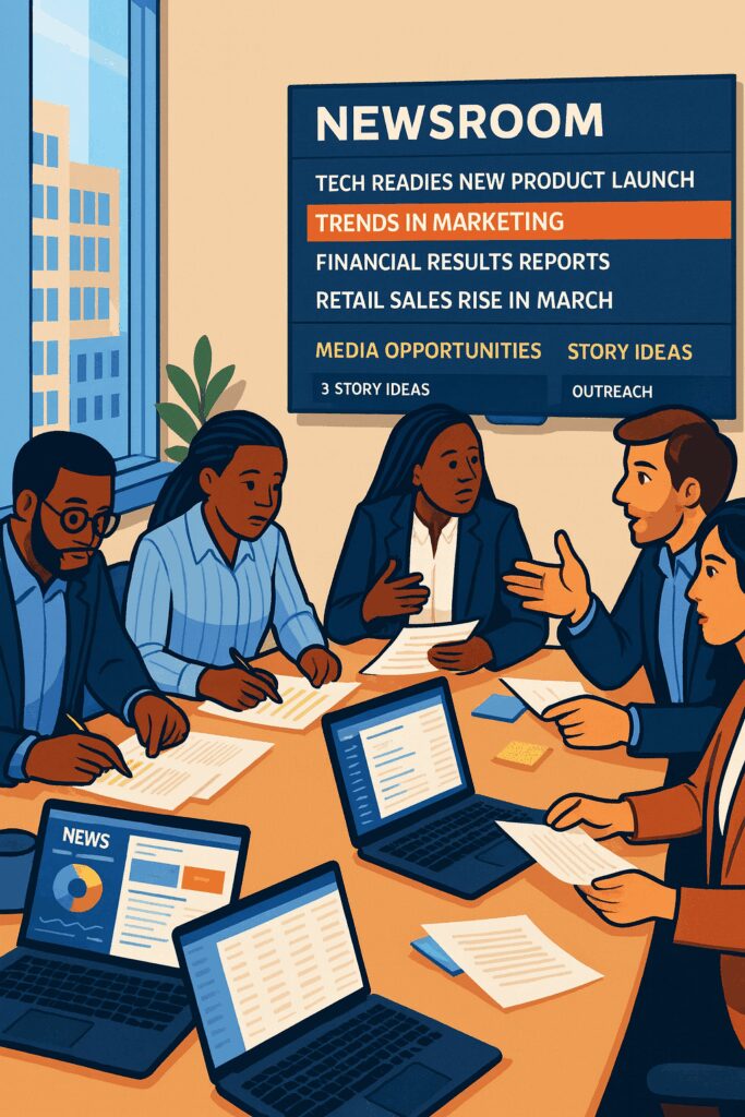 A B2B communications and media relations team meets around a conference table reviewing newsroom headlines, market trends, and story opportunities. Laptops display news dashboards as team members discuss pitches, analyze industry coverage, and plan strategic media outreach.