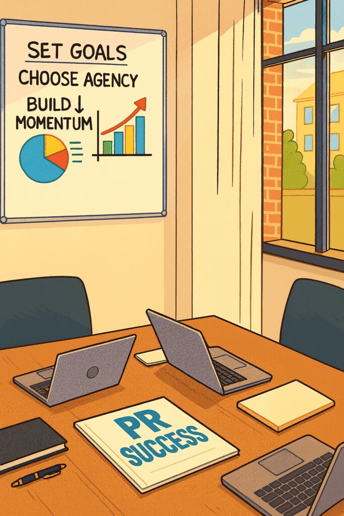 Illustration of a PR planning meeting room with laptops on a conference table, a folder labeled “PR Success,” and a whiteboard showing steps like setting goals, choosing an agency, and building momentum, representing how to start using a new PR budget | 1903 PR