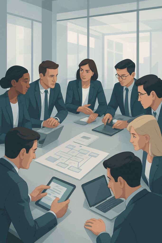 Business leaders collaborating on thought leadership strategy in a modern conference room, symbolizing brand authority and clear executive messaging.