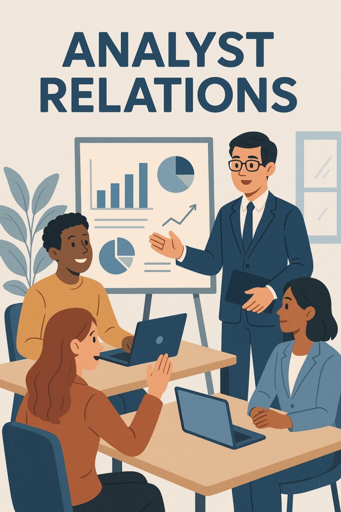 Professional B2B illustration of a PR team meeting with an industry analyst, reviewing reports and messaging frameworks during a strategy session.