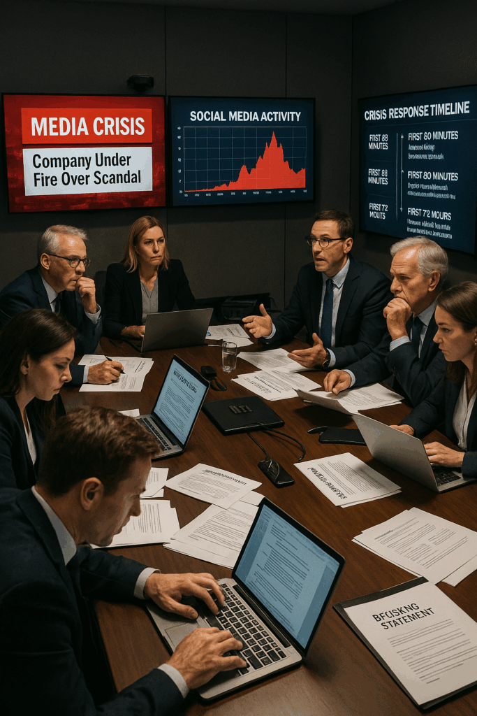Crisis communications team reviewing real-time media alerts and social analytics to control the narrative and respond quickly to an escalating brand crisis | 1903 PR