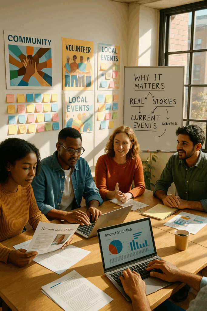 Nonprofit communications team collaborating in a bright office, reviewing impact statistics, human-interest stories, and messaging frameworks on why their work matters to attract media attention | 1903 PR