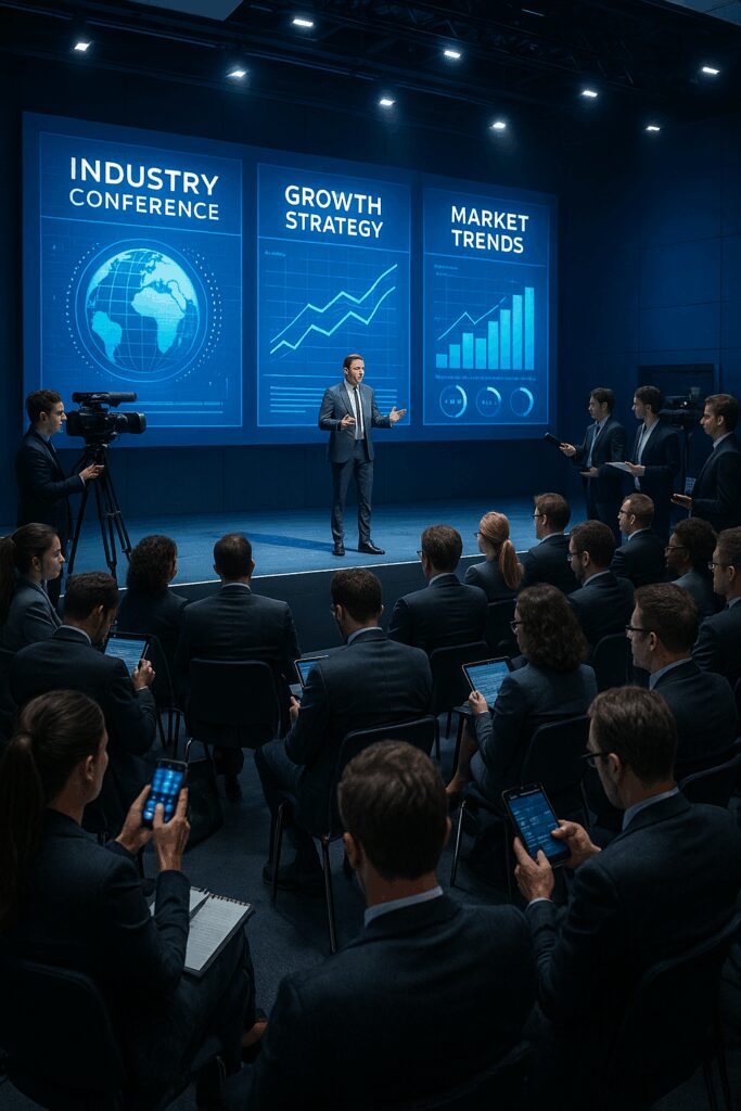 Executive keynote speaker presenting onstage at a major industry conference while journalists, analysts, and attendees watch—representing the power of PR-led speaking programs for brand visibility and authority | 1903 PR