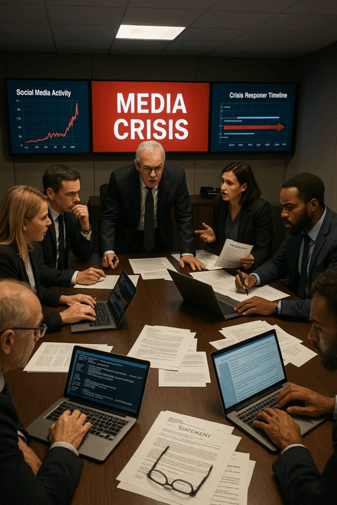Executive crisis team in a war room reviewing outage reports with digital screens showing Cloudflare’s media crisis alert, social media surge graph, and crisis response timeline during the November 2025 internet disruption | 1903 PR