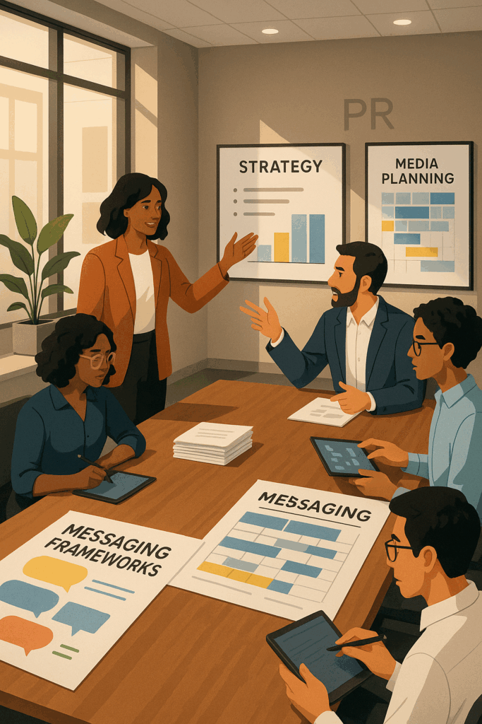 Illustration of a diverse brand team collaborating with a PR agency around a strategy table, reviewing storyboards and messaging frameworks in a modern, professional workspace.