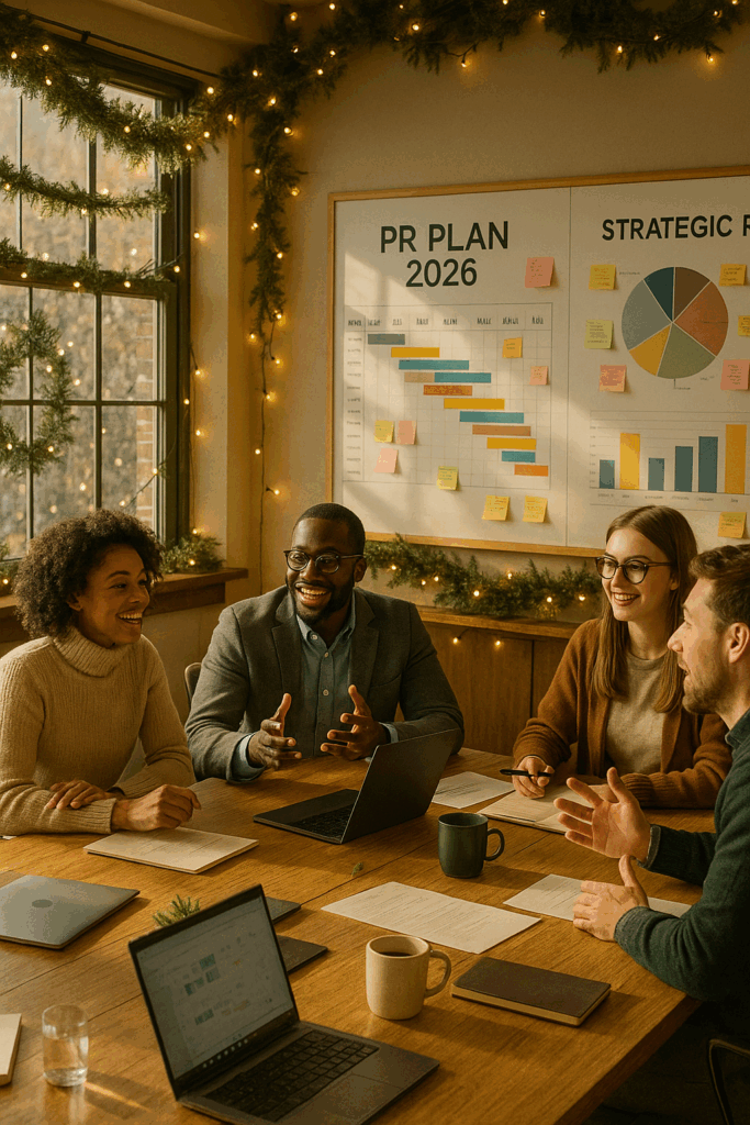 Illustration of a brand team and a PR agency collaborating in December on a strategic PR plan for 2026, with planning boards, timelines, and a warm, modern office setting.