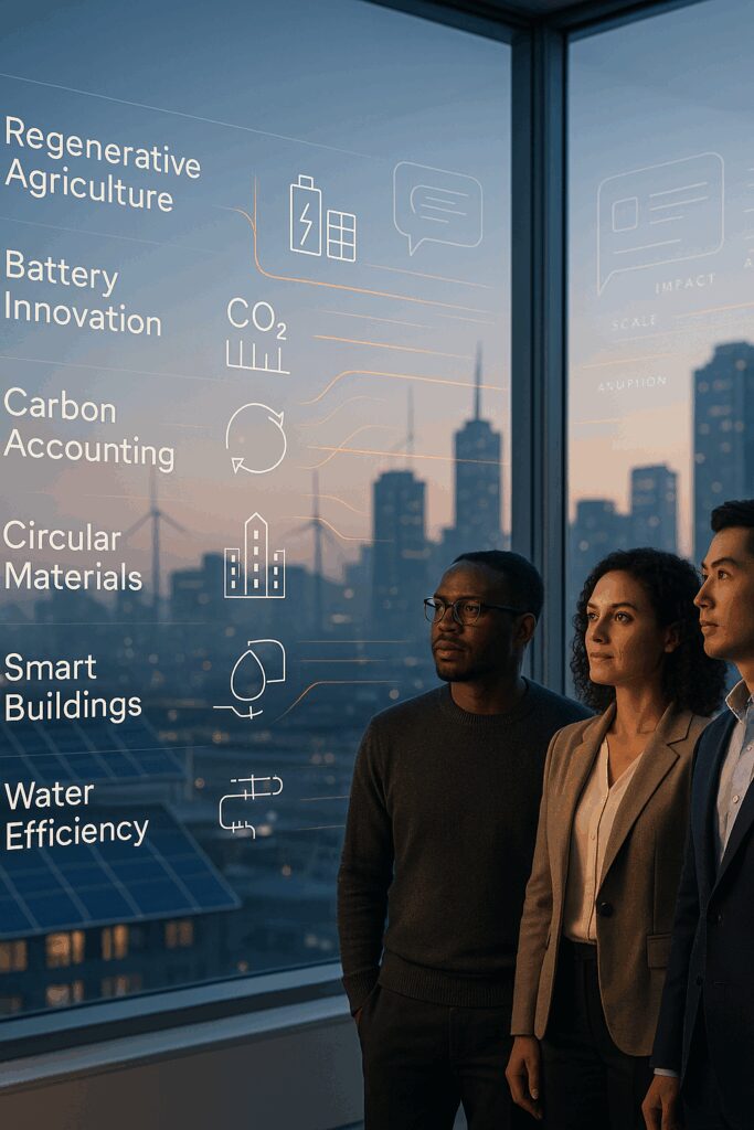 Illustration of a sustainability startup team working with a PR agency to develop early narrative strategy, surrounded by climate-tech diagrams, carbon maps, and circular economy visuals.
