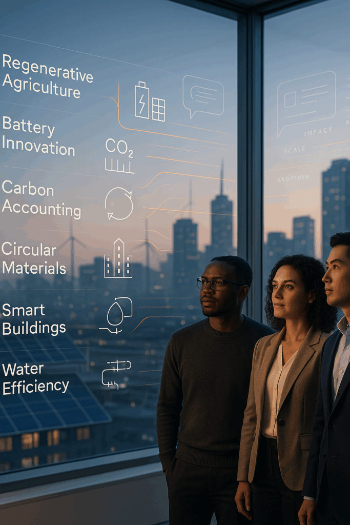 Illustration of a sustainability startup team working with a PR agency to develop early narrative strategy, surrounded by climate-tech diagrams, carbon maps, and circular economy visuals.