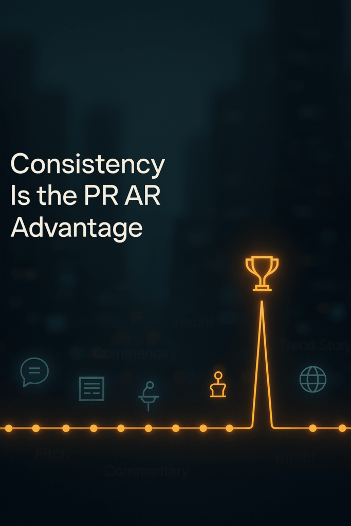 Illustration of a PR team building consistent messaging and media strategy using planning boards and editorial calendars in a modern office environment.
