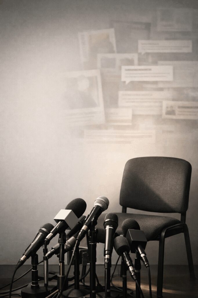 Editorial image showing an empty interview chair and microphones symbolizing media scrutiny, reputation management, and the importance of timely PR response for celebrity and consumer brands | 1903 PR